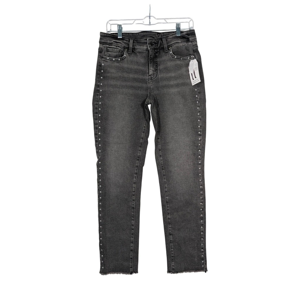 Time and Tru Straight Leg Jeans Women 6 Black Studded Embellished Raw Hem Edgy - Picture 1 of 11